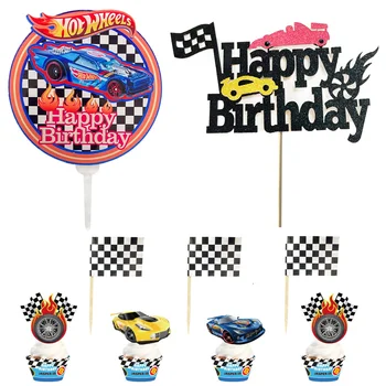 Гоночный автомобиль, украшение для торта на день рождения, украшение для тематической вечеринки, Акриловый кекс Hot Wheels, черно-белый клетчатый флаг с зубочисткой