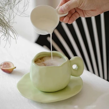 Японская креативная керамическая Ретро Кофейная кружка с блюдцем, Чашки для завтрака, молока, овсянки, Офисная кружка для воды, Дизайнерский стиль, Кружка в подарок