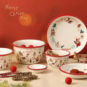 Керамическая посуда в Рождественском стиле, Бытовая Тарелка для салата, стейка, Контейнер для еды, миска для супа, риса, Посуда, Кухонная посуда