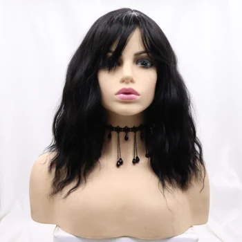 Женский парик черного цвета с длинной завитой челкой и высокотемпературным синтетическим волокном, вечерний парик с боковой челкой, 14-дюймовые женские парики