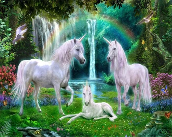 Beibehang Пользовательские обои фреска зеленый лес радужная трава белая лошадь фон комнаты с лошадьми настенная роспись единорога papel de parede