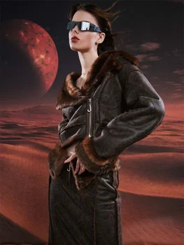 Кожаное пальто, женский коричневый топ из искусственного полиэстера со встроенным большим отворотом, юбка-футляр средней длины, весенне-осенний высококачественный костюм