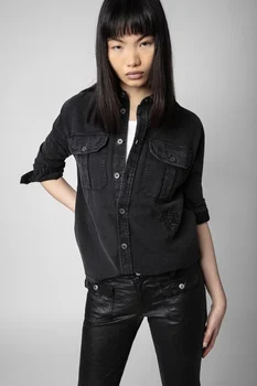 Весна и лето 2023, Новая Повседневная модная черная джинсовая рубашка на пуговицах из полиэстера
