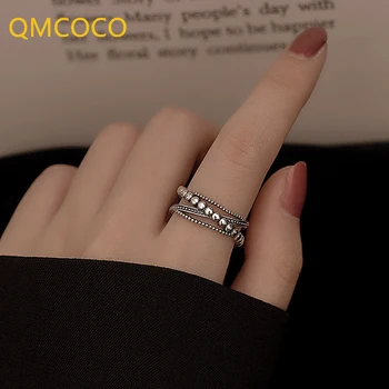 QMCOCO Серебристого цвета Винтажные кольца в стиле панк Для женщин, Мужская мода, Простое Плетение, Многослойные Геометрические украшения для Вечеринок, подарки
