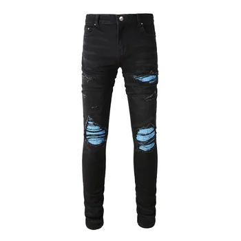 Новые поступления, мужская черная облегающая одежда в стиле Steetwear, Синяя бандана, ребра в стиле пэчворк, Обтягивающие, Уличные Потертые рваные джинсы