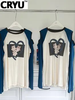 2000-х годов, Женская футболка контрастного цвета с винтажным принтом, Мешковатая повседневная футболка с круглым вырезом, открытыми плечами, длинным рукавом, Женская футболка BF Vintage Cozy Chic