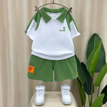 Летний костюм для мальчиков 2023 года, Новая детская рубашка поло с короткими рукавами в иностранном стиле, Детская футболка, Шорты, Спортивная одежда, Комплект из двух предметов, Tide