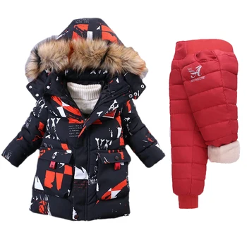 Комплекты одежды для мальчиков от 5 до 12 лет, зимние теплые толстые пальто, Камуфляжная пуховая куртка, Детская одежда, модная верхняя одежда для мальчиков, Пуховые брюки, костюм из 2 предметов