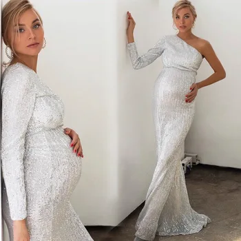 Новые шикарные платья для беременных для фотосессии, Макси-платье, Сексуальные платья для беременных с пайетками, длинное платье для беременных с открытыми плечами